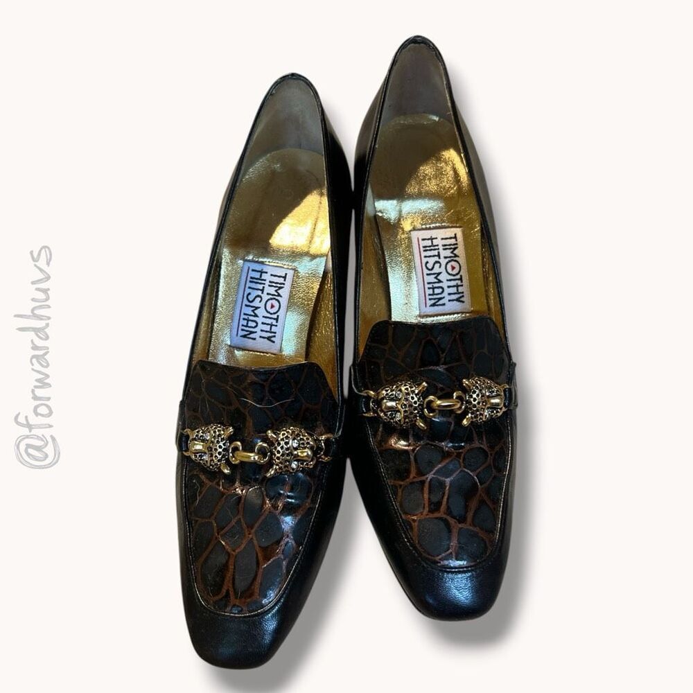 Timothy Hitsman Croc‑Embossed Leather Loafers - Panther Hardware - Sz 6 M